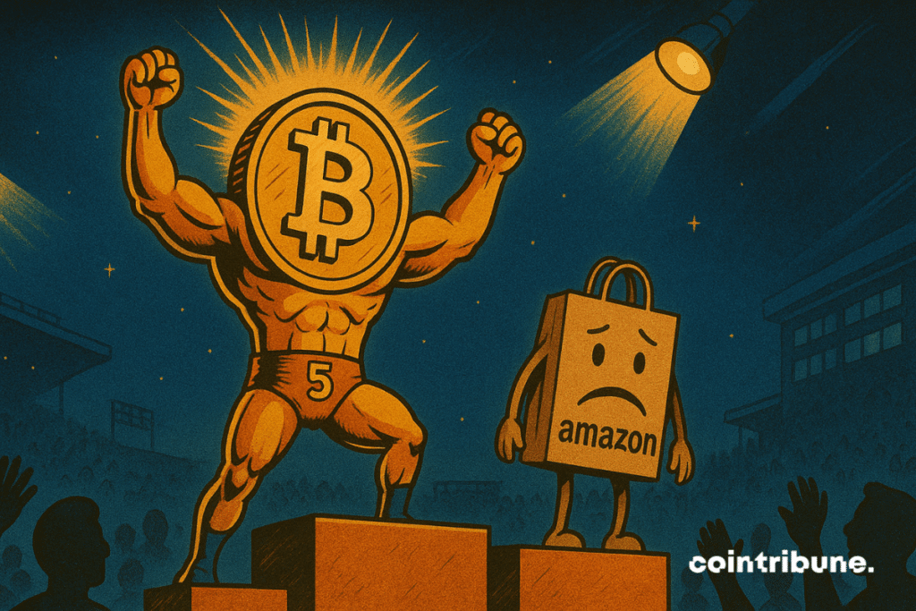 A personified bitcoin exceeds Amazon on the podium.
