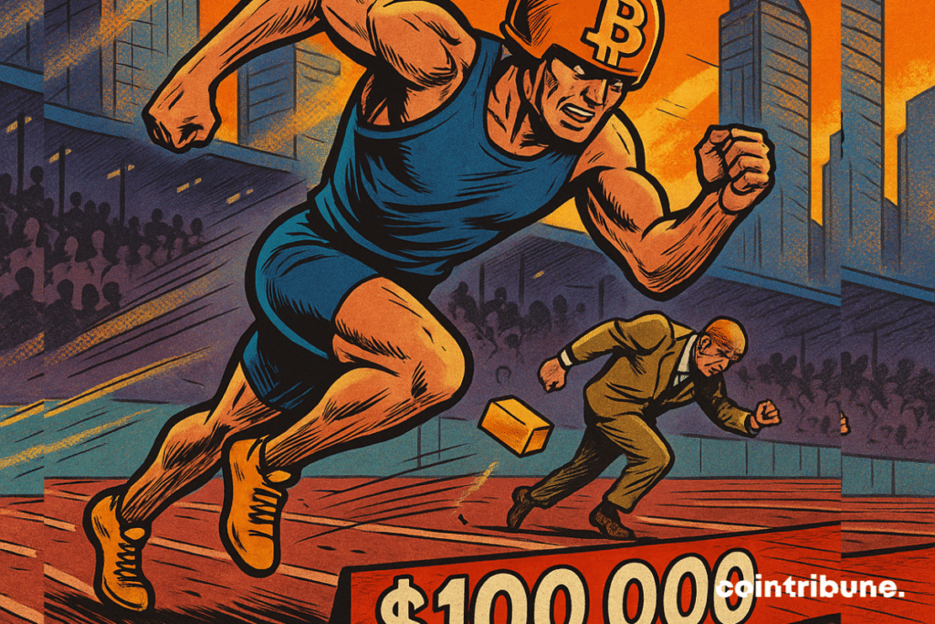A humanoid athlete with a golden helmet decorated with the Bitcoin logo, in an explosive sprint to an “100,000” marked finish line.
