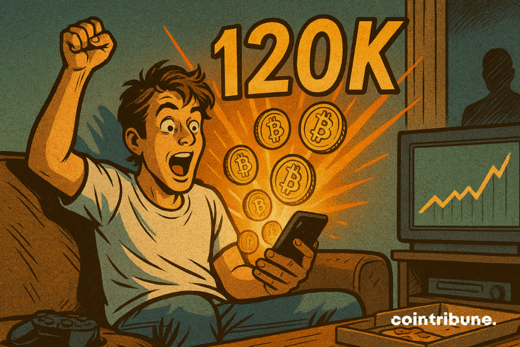 An excited man holding a phone with shiny bitcoin pieces and