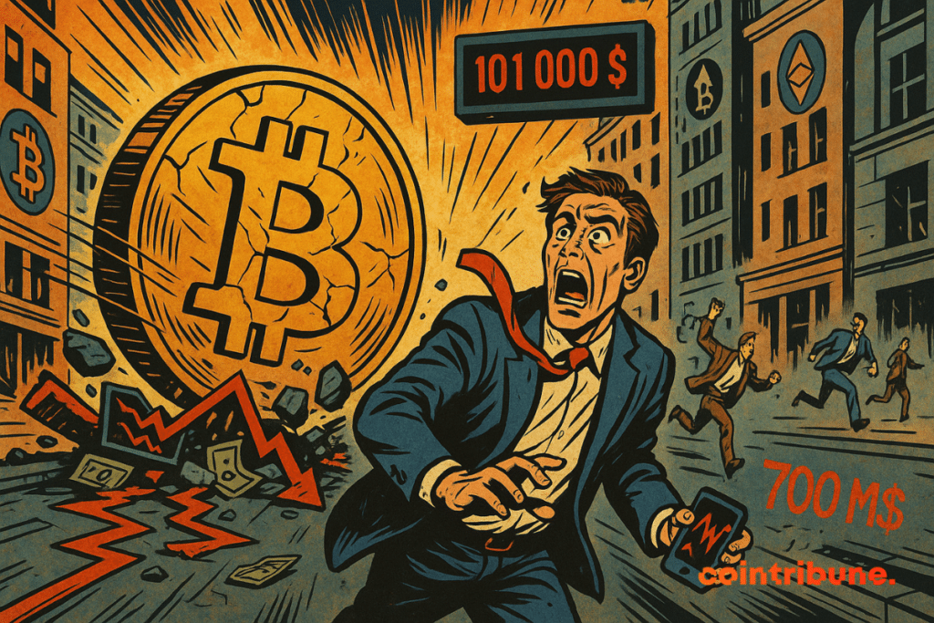 n trader in his forties, navy blue suit in tatters, steep tie, is in the foreground. A giant bitcoin piece (classic style, golden with the symbol ₿ clearly visible), cracked, rolls at full speed by crushing in the passage of stock market screens and tickets. Pieces of red graphics shatter under its passage.