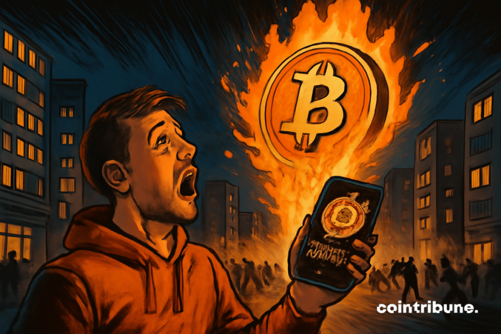 A gigantic golden Bitcoin piece arises from the floor on fire like a volcano. It dominates the scene, projecting flames and brilliant fragments to the sky.