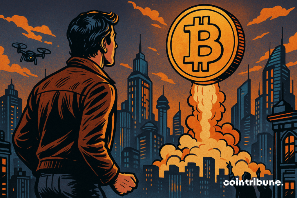 In a comic book style from the 70s, the image shows a man in a retro jacket observing, from a roof, a gigantic piece of Bitcoin riding in the sky above a futuristic city. Propelled like a rocket, the play illuminates the surrounding skyscrapers, while drones and fascinated passers-by complete the scene. Orange and purple tones strengthen the dramatic and technological intensity of the moment.