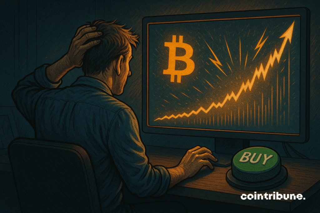A man seen from the back, sitting in front of a computer screen displaying a spectacular bitcoin bull's curve. In full hesitation, he scratches his head with his left hand while his right hand hovers over a large green button marked