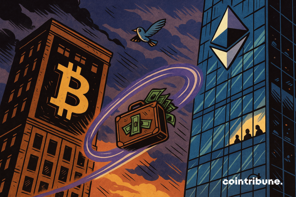 The transfer of capital between two skyscrapers face to face. The left skyscraper carries a huge logo ₿ on the front, aged, some broken windows. The right skyscraper is futuristic, shiny windows, with the light Ethereum logo. A flying suitcase filled with tickets crosses the sky diagonally, leaving the Bitcoin building to be sucked towards the Ethereum building.