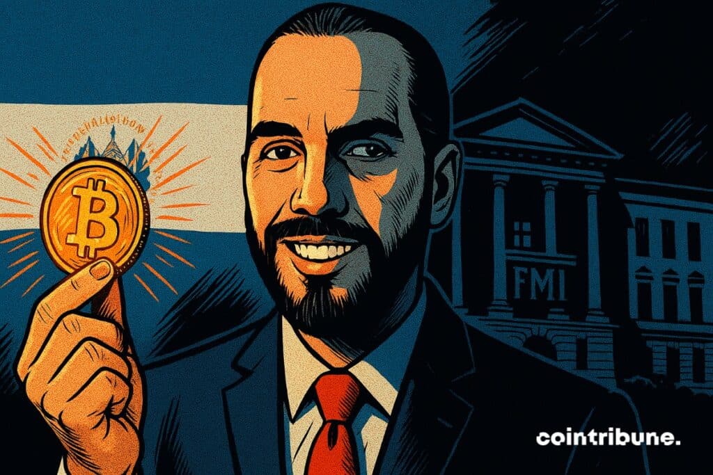 Nayib Bukele in front of the IMF building which holds in hand a piece of Bitcoin, with the Salvador flag next to him.