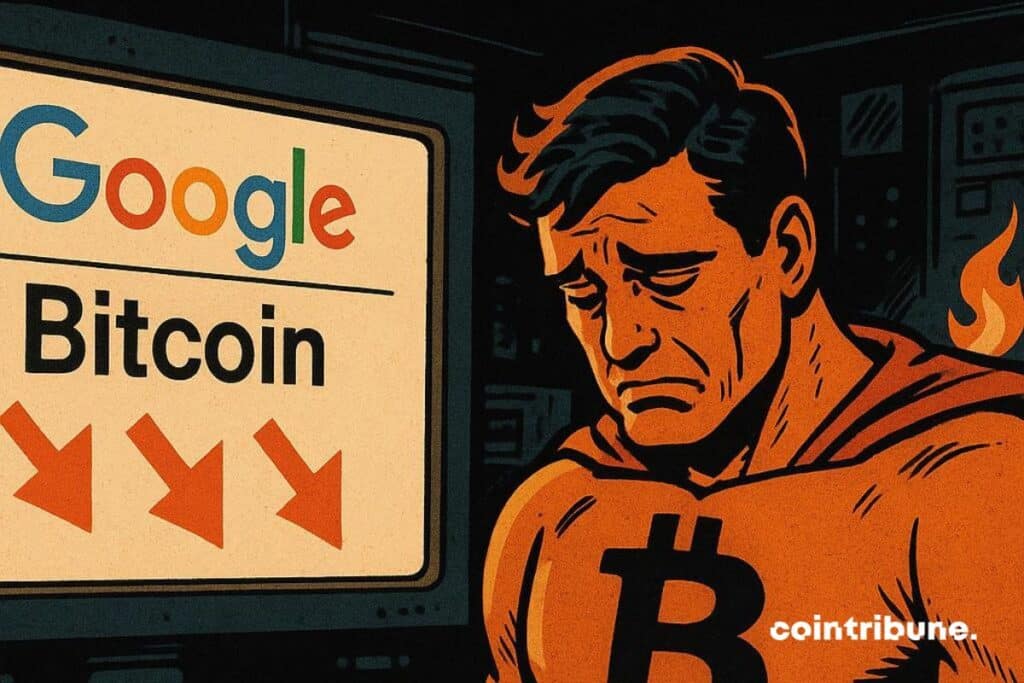 A sorted bitcoin super hero in front of the fall in Google research.