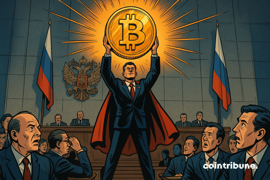 A senior civil servant of the central bank of Russia, impeccable dark blue suit, standing arms raised, holding above his head a gigantic golden bitcoin piece.