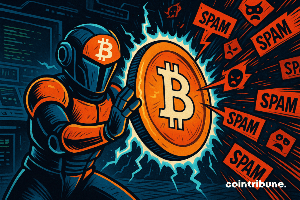 Illustration of Bitcoin goalkeeper protecting the network against spam