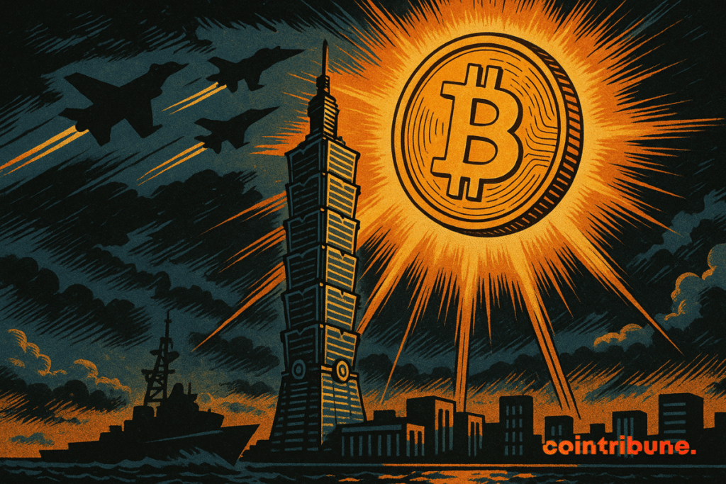 A huge piece of Bitcoin radiates like a solar shield above the Taipei 101 tower, illuminating the city while fighter planes and warships are approaching under a stormy sky. In a comic book style from the 70s, the illustration opposes the protective light of Bitcoin to the dark threat of Chinese embargo, with contrasting orange and midnight blue colors accentuating dramatic tension.