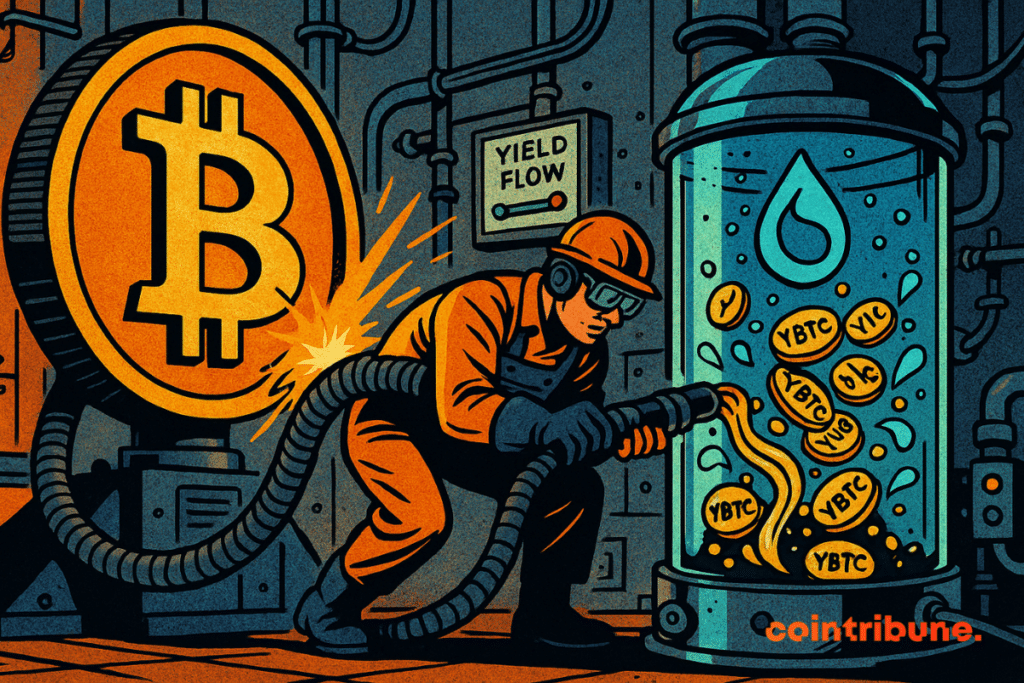 A giant bitcoin part is attached to a metal structure. On the right, a stylized glass tank with the LOI logo fills with brilliant YBTC tokens. A crypto technician, silhouette in orange combination, tech and helmet glasses, is leaning to connect a thick hose between the BTC part and the tank, which symbolizes the bridge between Bitlayer et Su.