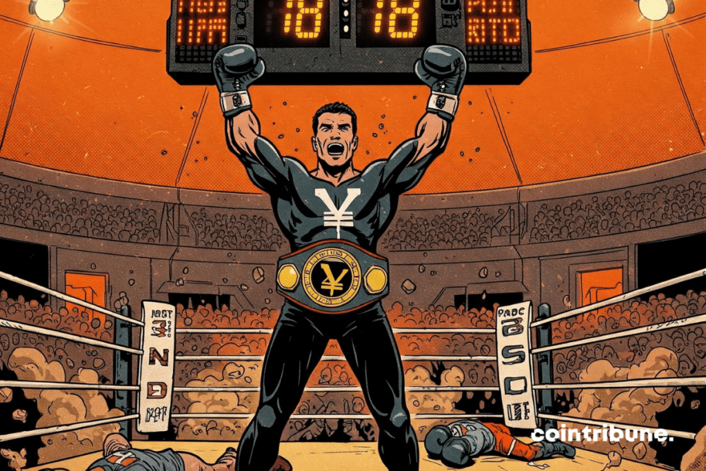 ETF BlackRock in the form of a muscular fighter, arm raised after a victory