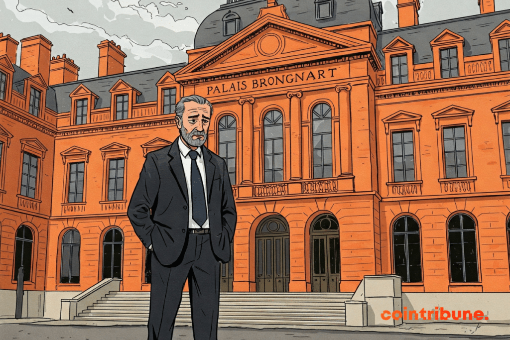 An investor standing in front of the Palais Brongniart (former French Stock Exchange), at the end of the day, hands in the pockets, observing the entrance to the building with a concern. At his feet, a few cottages of the CAC 40 flights. The sky is cloudy, the atmosphere is heavy but not dramatic.