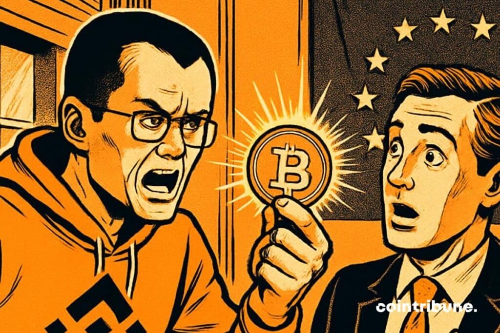 Changpeng Zhao who criticizes an official in Europe on inaction with regard to the crypto, a piece of bitcoin in hand.