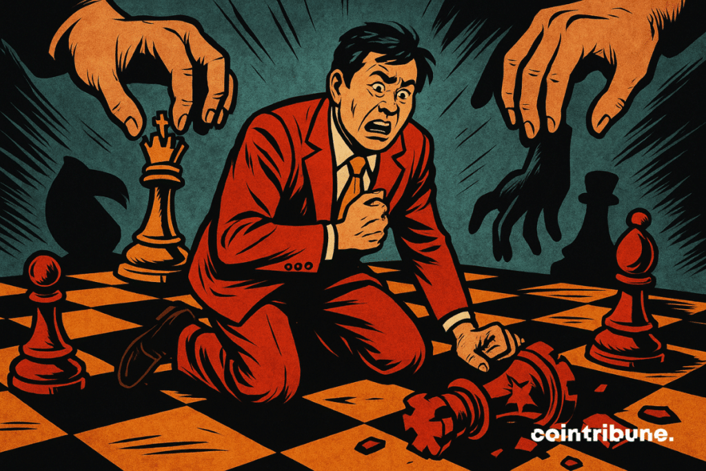 Chinese individual on a knees on an economic and geopolitical chessboard