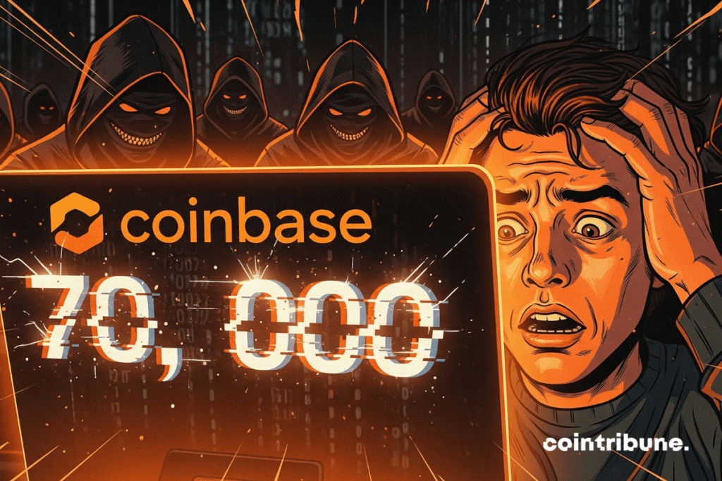 Shocked face of a crypto investor seeing the Coinbase screen displaying the figure 70,000