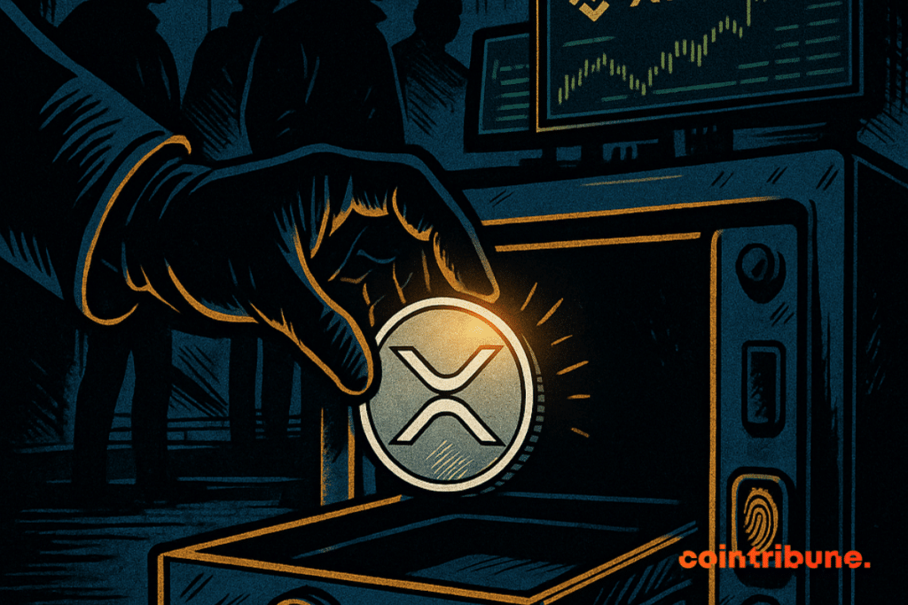 An anonymous figure, only a glimpsed hand appears in the center, gently depositing a piece of the shiny XRP crypto in the trunk.