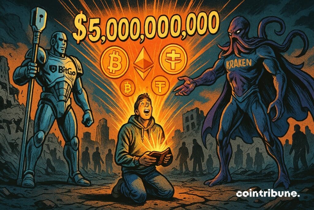 A former FTX crypto investor on his knees with his portfolio which displays 5 dollars of dollars and from tokens Crypto. Beside him, two Bitgo and Kraken colossi.