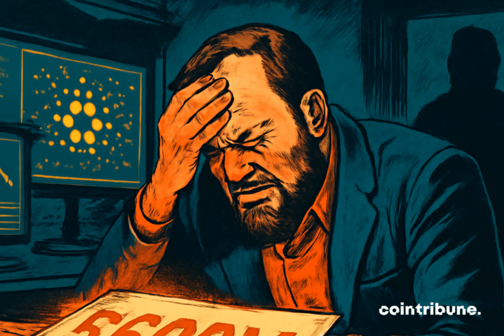 The image shows a man in the crypto sphere in the face marked by moral pain, sitting at a dark office.