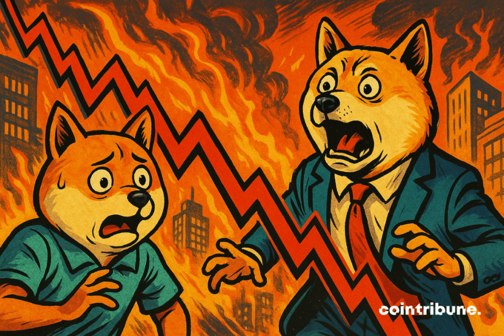 Illustration of Cryptos Dogecoin and Inu Reacting Shibiba with dread at a red curve in free fall.