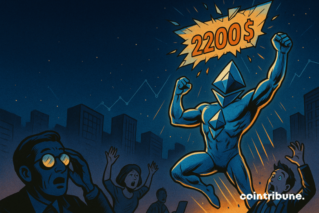 The Ethereum crypto personified as a slender superhero, in the middle of a vertical jump, arms stretched towards the sky, legs folded as if it were perceiving an invisible limit.