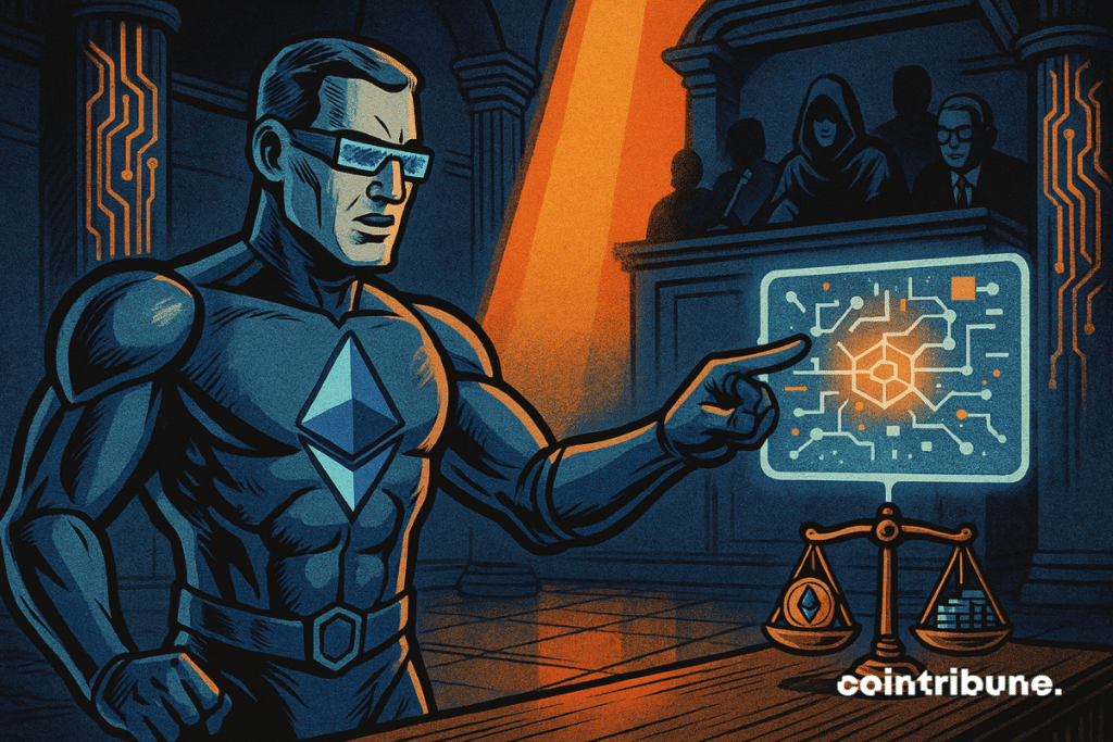 Ethereum personified in the guise of a futuristic techno lawyer. He is at the helm in a futuristic cryptocurrency.
