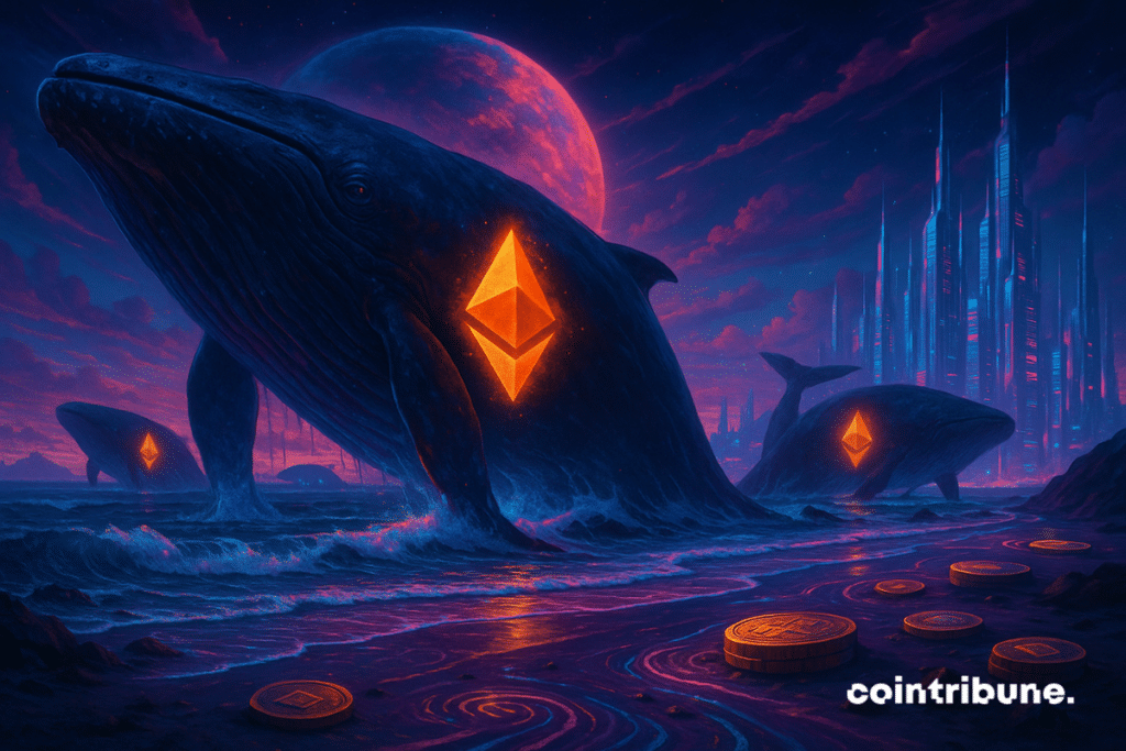 Illustration of three whales marked with the Crypto Ethereum logo.