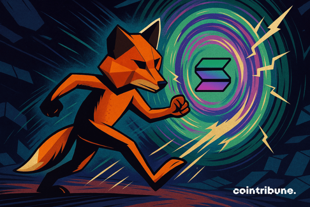 The Metamask fox crossing a Solana interdimensional portal within the Crypto universe.