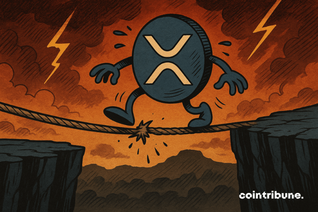 The XRP crypto suspended above a financial chasm which symbolizes the collapse of the sting.