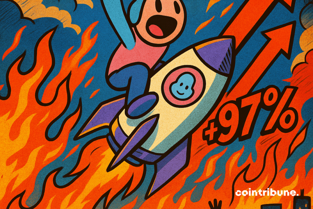 A doodle euphoric character flies hang on to a marked inflamed rocket 