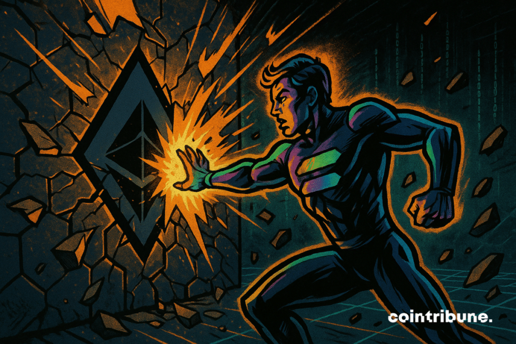 Solana is personified by a heroic figure, half-human half-numeric, in futuristic outfit. He is in action, stretching his right arm forward, open apple, projecting an energy wave towards a black digital wall with the logo of the Ethereum crypto in its center.