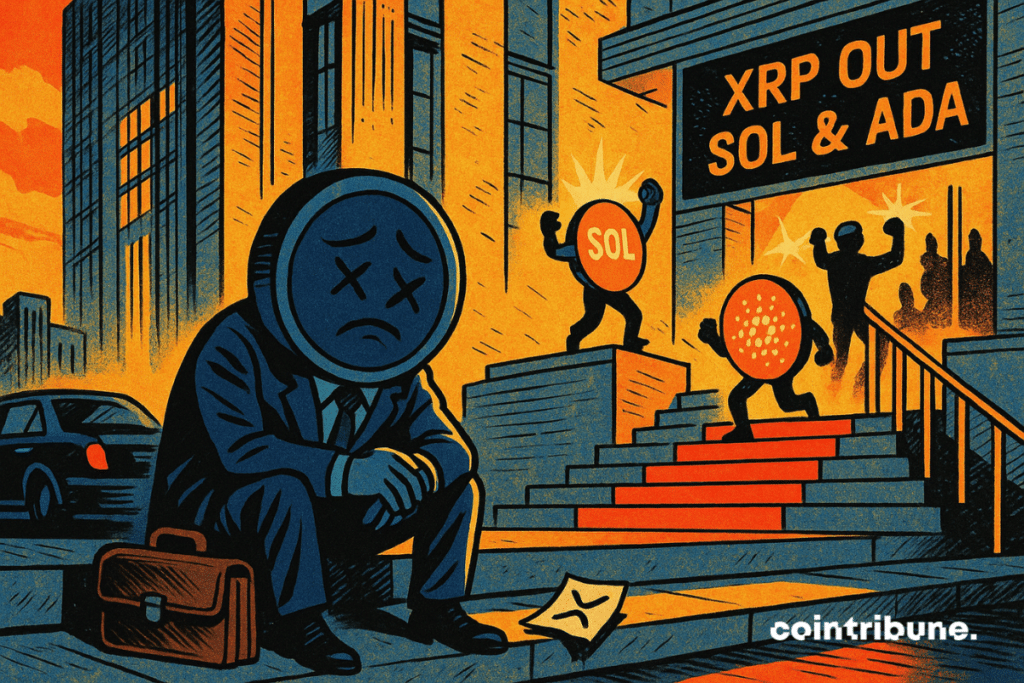 XRP, represented as a character in a suit with a sad face, is seated alone on the steps, a blank case at his feet. In the background, the characters of the Crypto Sol and Ada triumphantly ride a red carpet.