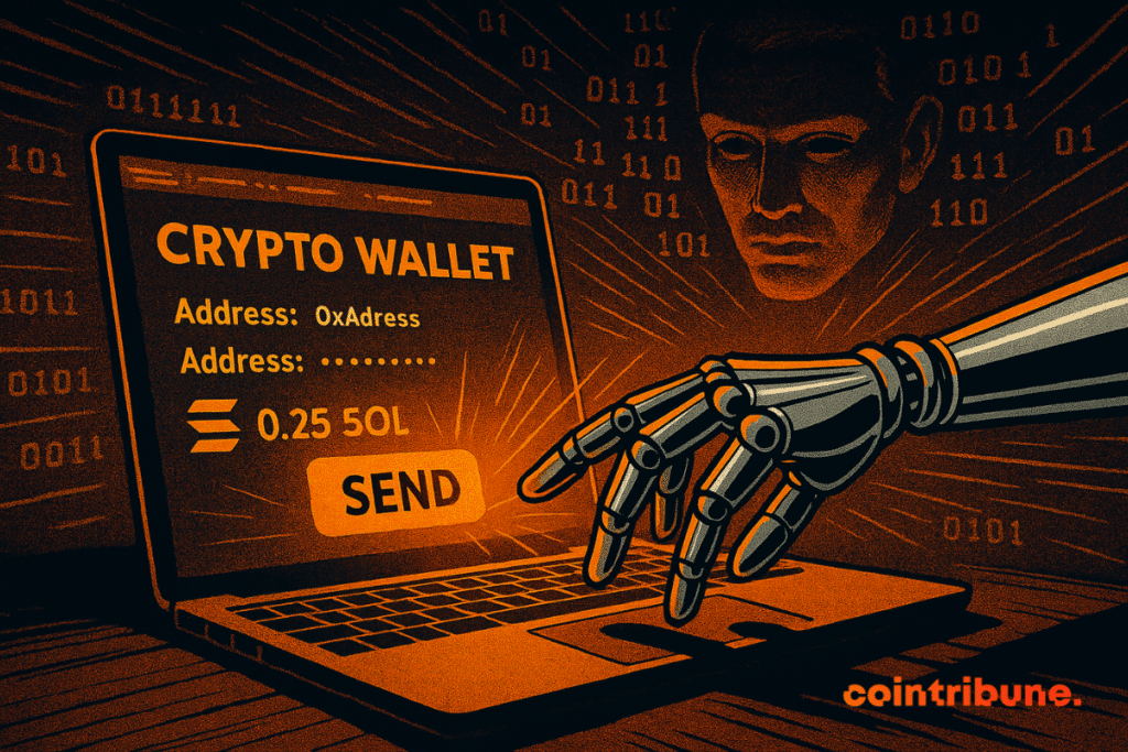 Hand of a robot sending a transaction in an interface of Wallet Crypto