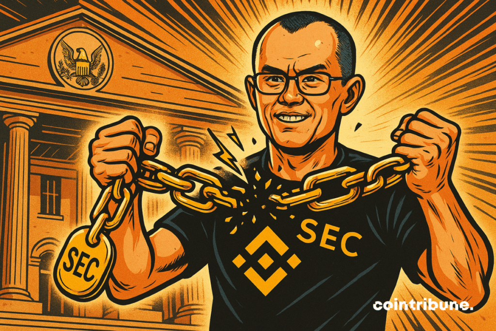 CZ, historic president of the crypto binance exchange, breeze of golden chains stamped "DRY".