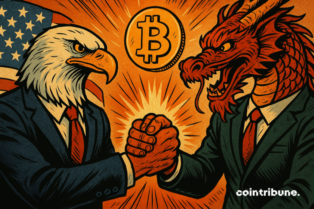 The American eagle and the Chinese dragon shake hands, Bitcoin shines, symbolizing cryptographic optimism.