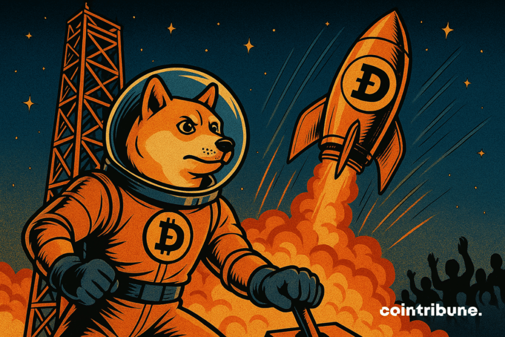 A Shiba Inu in a space combination is ready for takeoff in front of a marked rocket of the Dogecoin logo which flies away in the starry sky, under the cheers of the crowd.