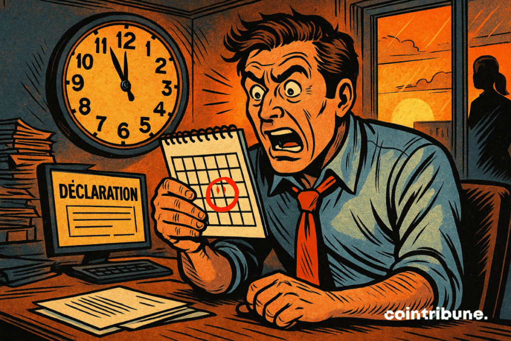 A man of around 40 years old, in a crumpled shirt, loose tie, frowning, holding a calendar whose date is surrounded in bright red. Une a large wall clock behind him, with the needles almost at midnight. Files stacked, computer with a tax form in France.