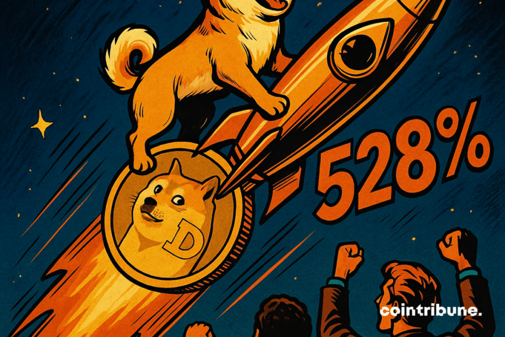Plan in a counter-clout on a night sky saturated with stars. The Shiba Inu, standing on a giant dogecoin room as on a launch platform. Bomotic chest, confident smile, wind in the hairs.