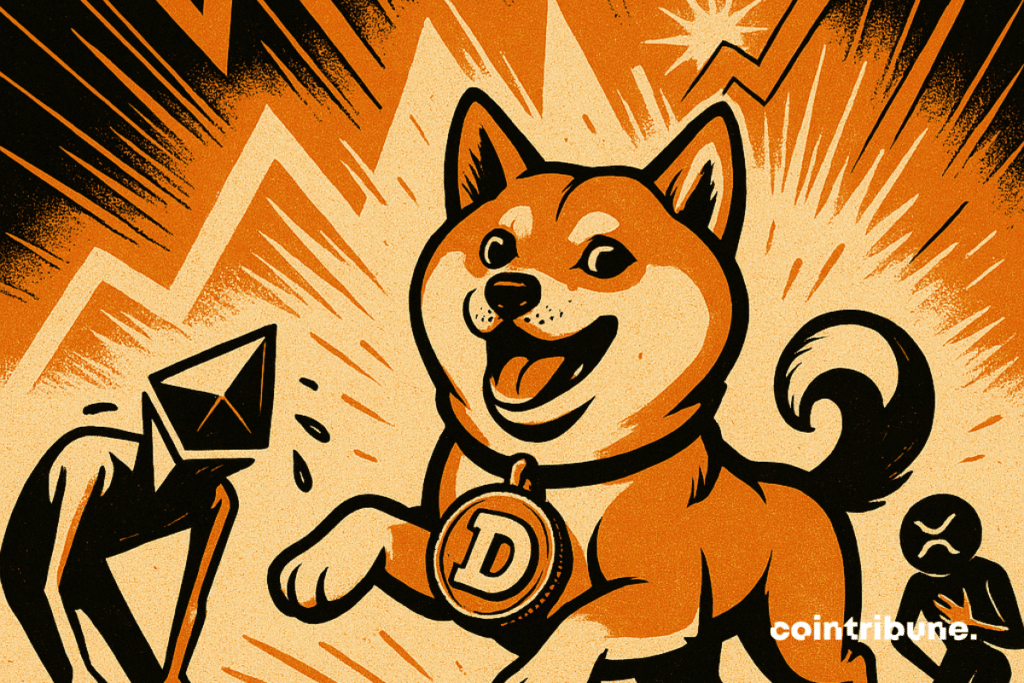 Shiba Inu dog offering anthropomorphs with heads with XRP and Ethereum logo