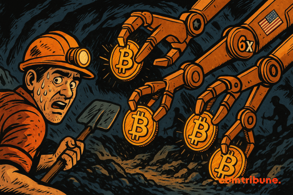 Illustration of an exhausted bitcoin minor observes marked robotic arms with amazement "6x".