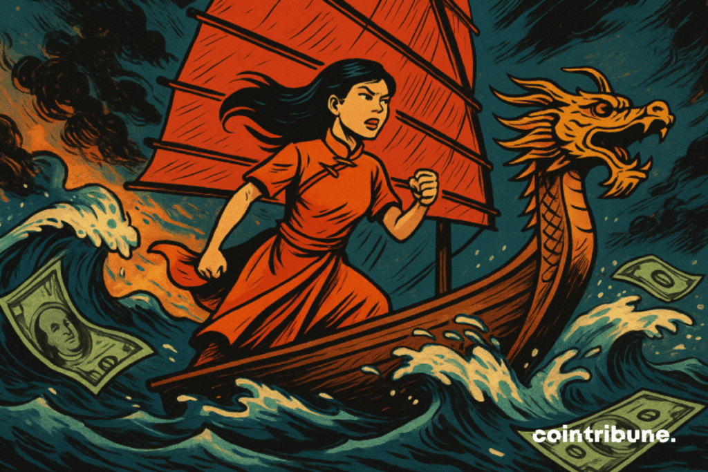 Illustration of a young Asian woman defying an agitated sea of ​​dollar tickets, to the bow of a dragon ship-symbol of an Asian economy in full ascent.