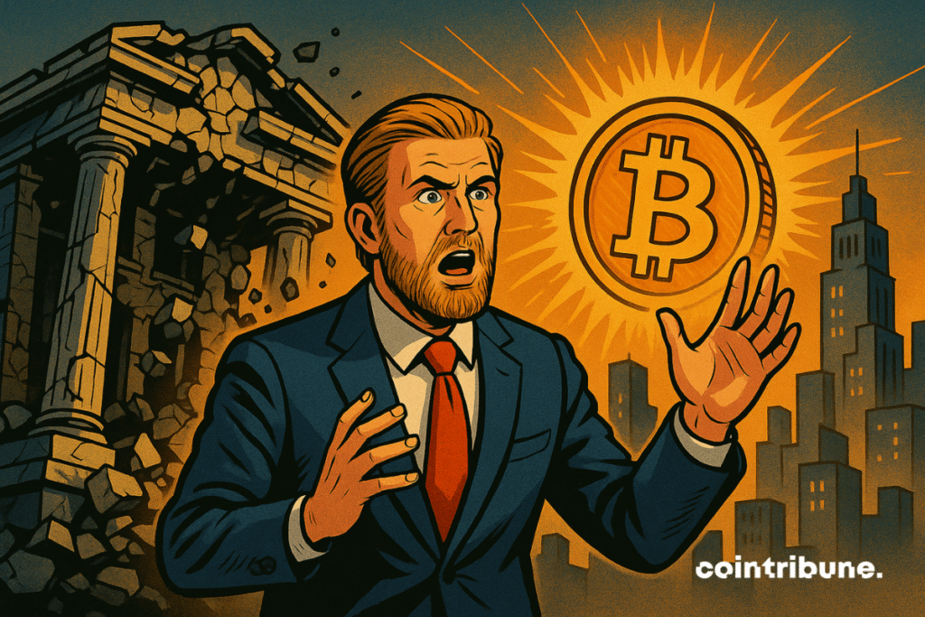 Futuristic city in the background, average plan centered on Eric Trump, crypto investor, standing on the steps of a bank.