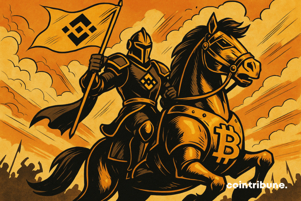 Knight brandishing a binance flag on a bintcoin frame