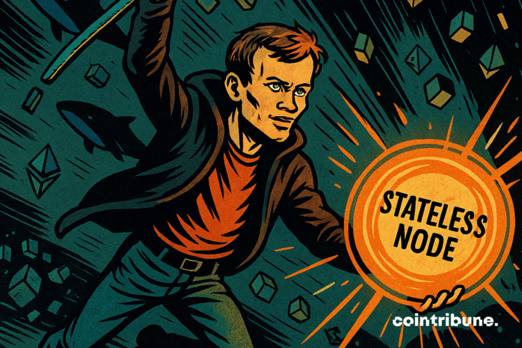 Vitalik Buterin holding a flag in the shape of a stateless knot, symbolizing the decentralized future of Ethereum.