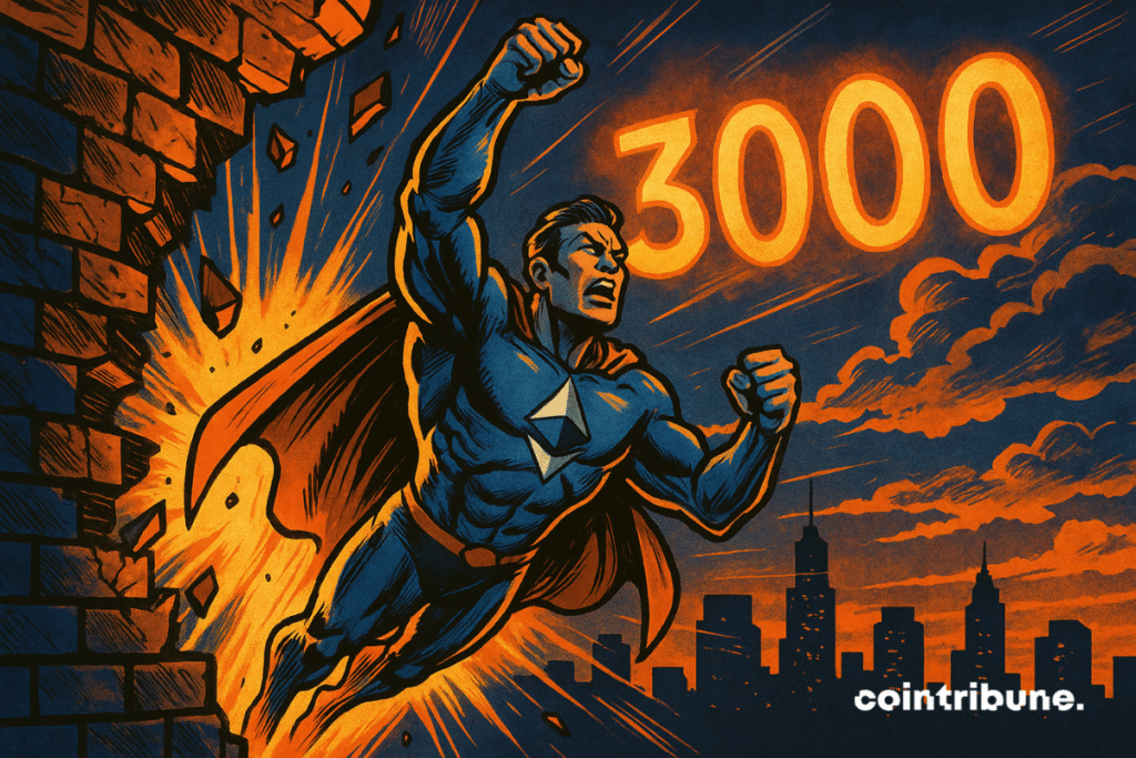 Ethereum personification in the form of superheroes (blue metallic outfit with logo ξ on the chest). In full flight, hand forward, determined expression.
