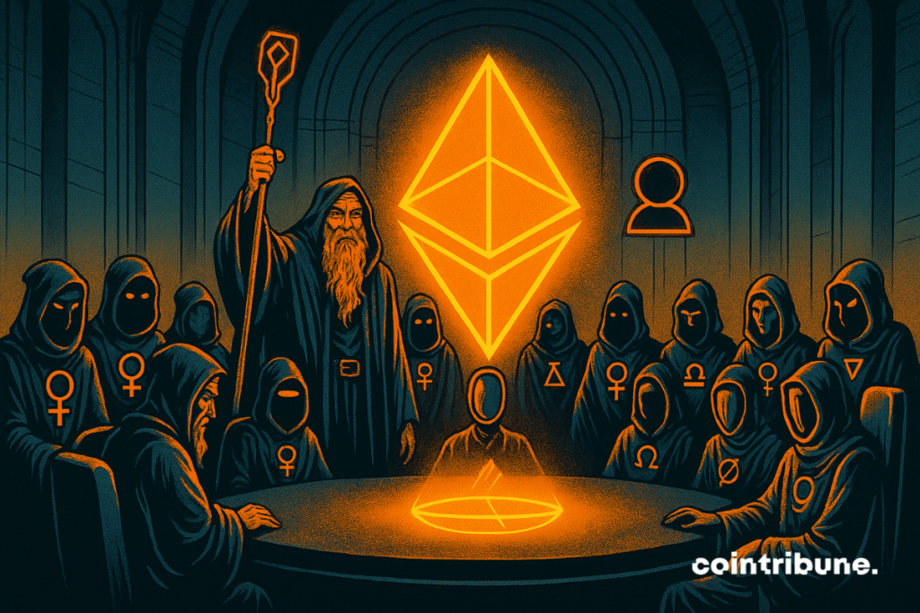 Assembly of masked people gathered around an Ethereum hologram, with symbols of infinity and vortex