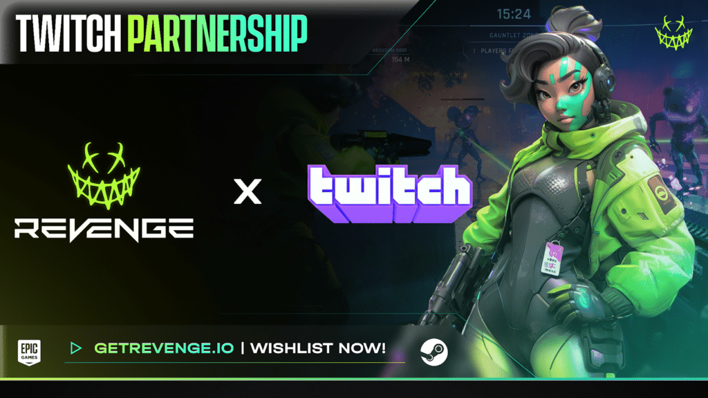 A futuristic character in fluorescent green armor and headphones stands in front of the Twitch logo and the world of the game 