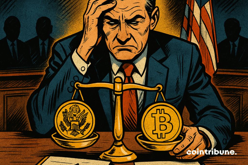Interior of a large dark meeting room, with dramatic lighting above a round table. Jerome Powell of the Fed, dressed in a dark costume, seated, frowning, lost between a scale placed in front of him, on the left a symbol of the US economy, on the right a bitcoin.