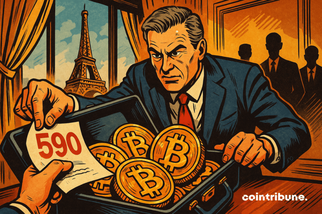 A French businessman with a determined gaze opens a case filled with golden Bitcoin pieces.