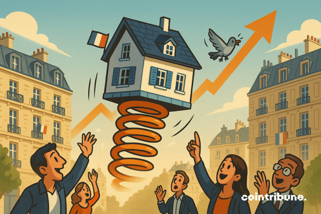 A stylized house (slate blue roof, light walls, white shutters) is propelled into the air by a giant bright orange spring placed under its foundations which symbolizes the increase in real estate prices in France.