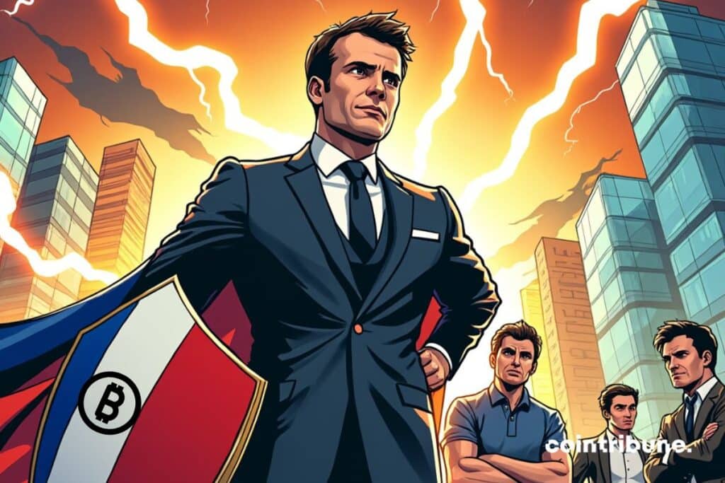 The Minister of the Interior in France with a shield to protect Crypto entrepreneurs in the background.